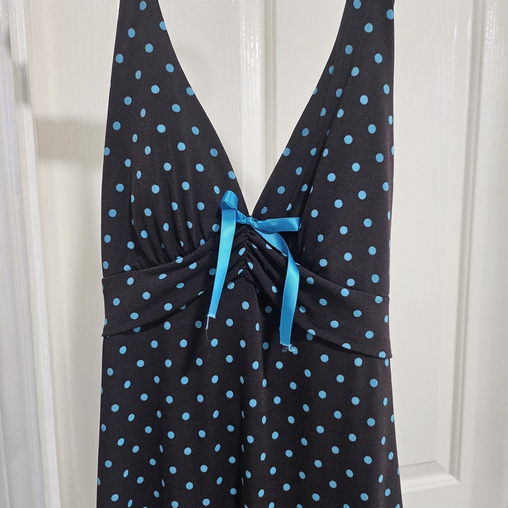Love Tease Brown Fun Dress With Blue Polka Dots Size S.